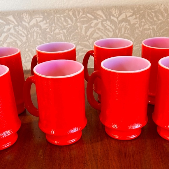 4 Vintage 60's Atlas Anchor Hocking FIre King RED Milkglass Mugs / Coffee Cups - Picture 2 of 9